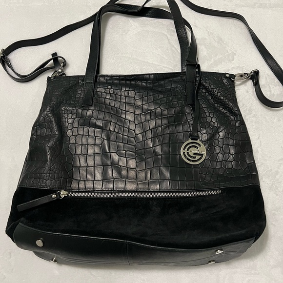 GIANNI CONTI Black Crocodile-Embossed Hobo Bag - Picture 1 of 14
